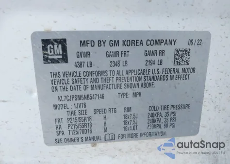 2022 Chevrolet Trax Awd Lt from USA, damaged, VIN KL7CJPSM5NB547146